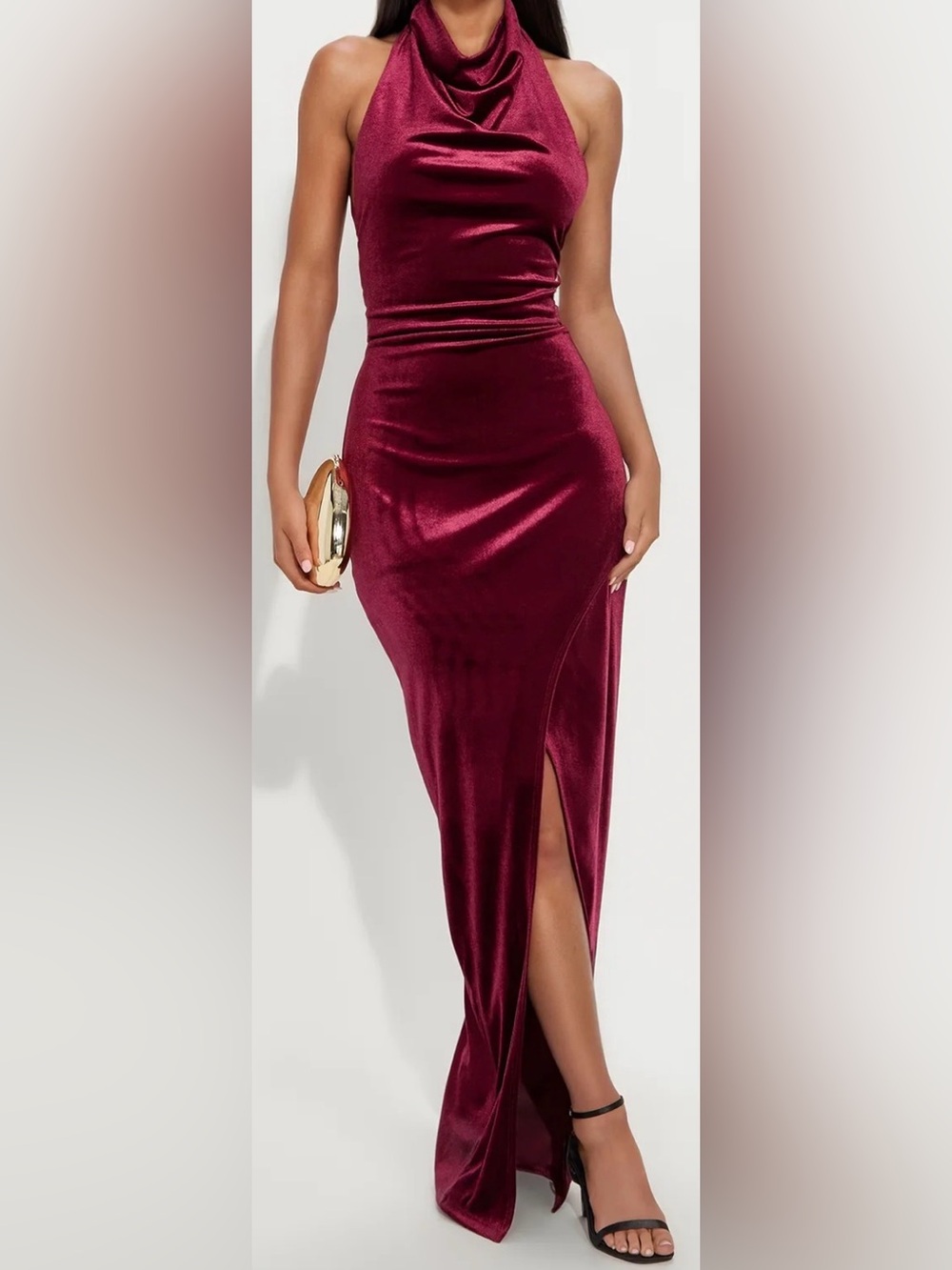 Cowl-Neck Burgundy Velvet Maxi Dress with Side Slit